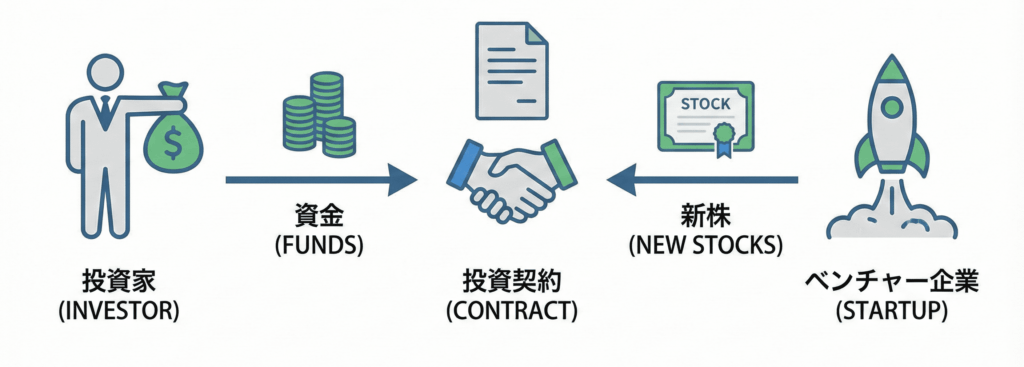 投資契約の仕組みを解説する図解イラスト。「投資契約:ベンチャー企業が資金を得る代わりに、新株を発行する」というタイトルが上部にある。図の左側にはお金の袋を持つ「投資家(INVESTOR)」のアイコンと、コインの山で表される「資金(FUNDS)」があり、中央の握手と契約書のアイコン「投資契約(CONTRACT)」を経由して右側のロケットのアイコン「ベンチャー企業(STARTUP)」へ向かう矢印が描かれている。同時に、右側のベンチャー企業から中央の投資契約を経由して左側の投資家へ向かう矢印があり、そこには株券のアイコン「新株(NEW STOCKS)」が描かれている。投資家が資金を提供し、ベンチャー企業が新株を発行するという双方向の交換プロセスが視覚的に示されている。