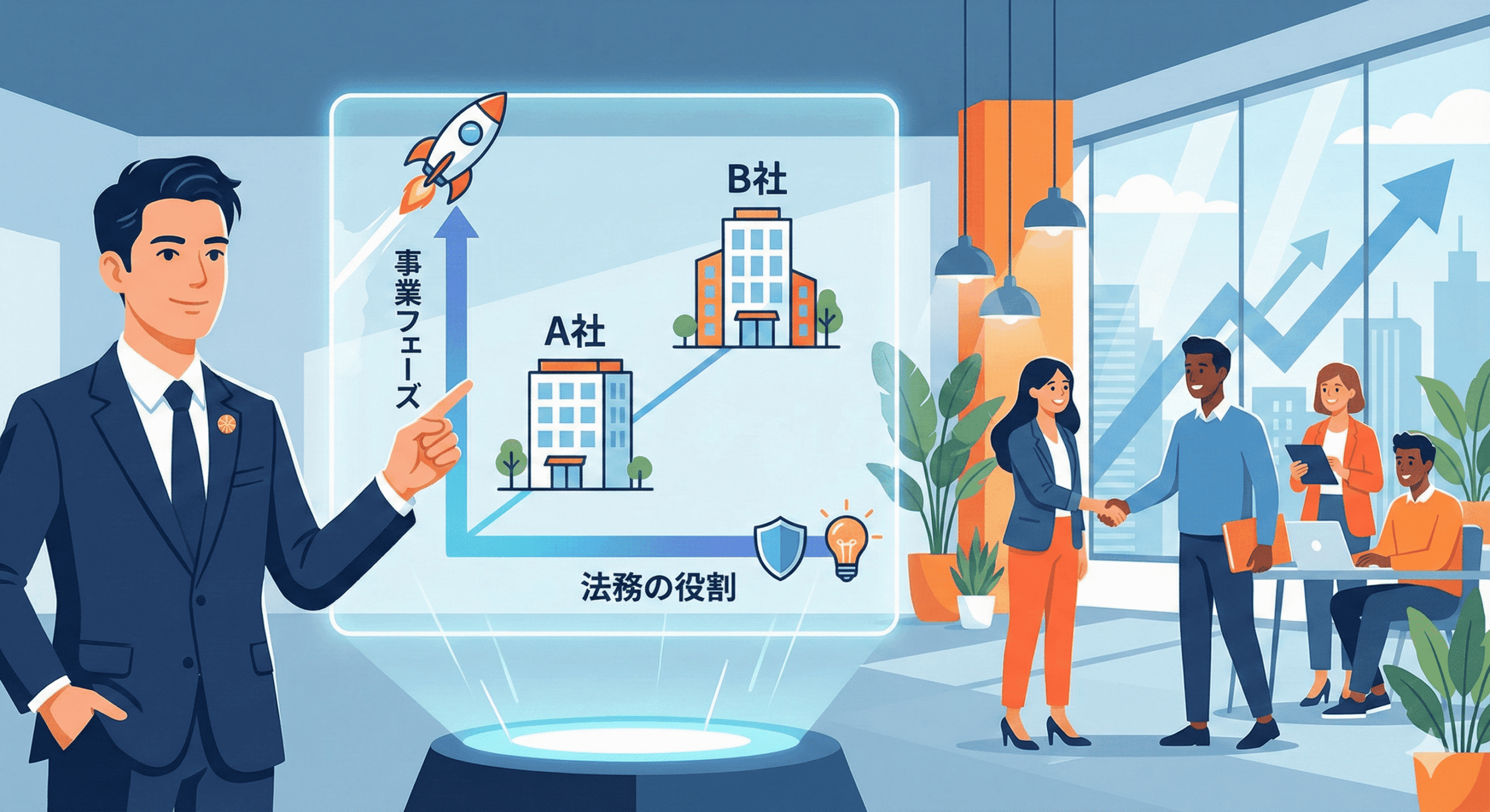 記事「ベンチャー法務の生命線：3つの『ソフトスキル』」のアイキャッチ画像。コミュニケーション、交渉・調整力、適応・柔軟性の3つの重要なスキルが、ベンチャー法務を支える生命線（ロープ）として繋がっている様子を、青を基調としたテクノロジー都市の背景で図解したイラスト。