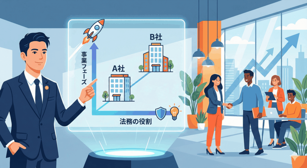 弁護士が「事業フェーズ」と「法務の役割」の2軸を示すチャートを前に、ベンチャー企業への転職における企業選びを解説しているイメージイラスト。