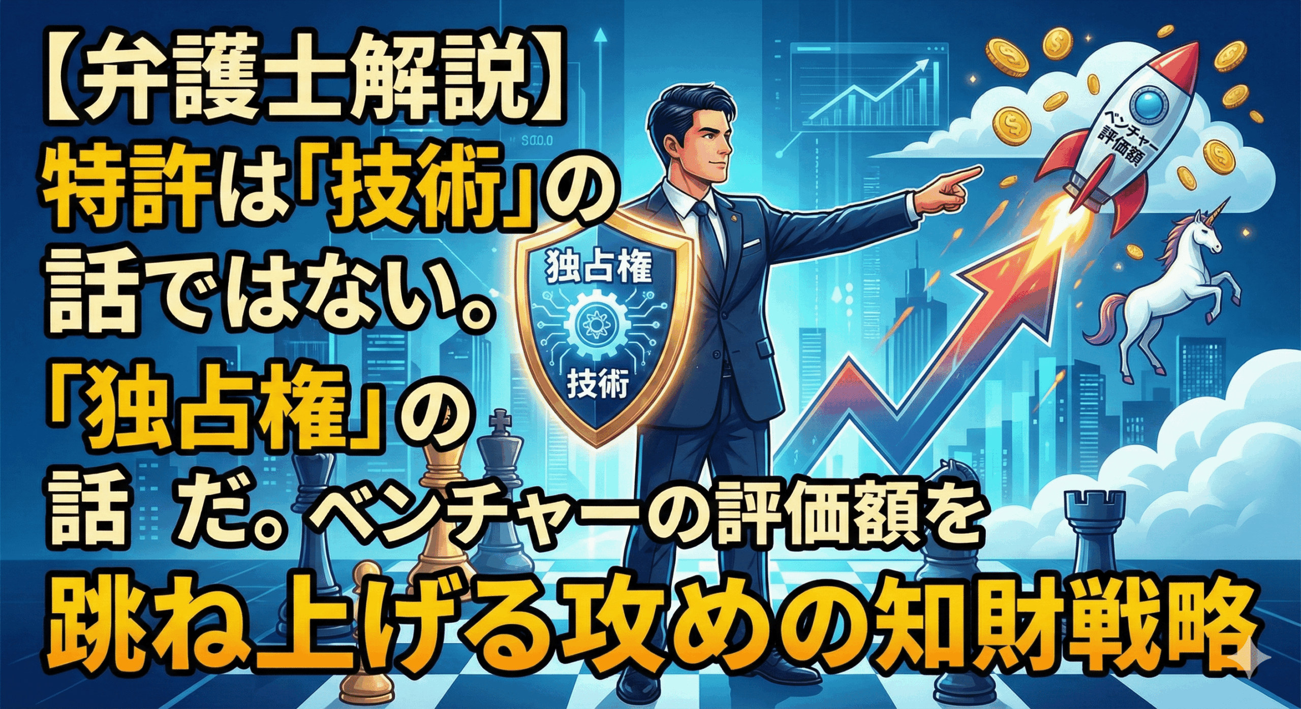 alt="記事「【弁護士解説】特許は「技術」の話ではない。「独占権」の話だ。ベンチャーの評価額を跳ね上げる攻めの知財戦略」のアイキャッチ画像。スーツを着た弁護士が、「技術」を保護する「独占権」の盾を持ち、チェス盤の上で「ベンチャー評価額」が急上昇するロケットとユニコーンを指し示しているイラスト。知財戦略が企業の成長と価値向上につながる様子を象徴的に表現している。"