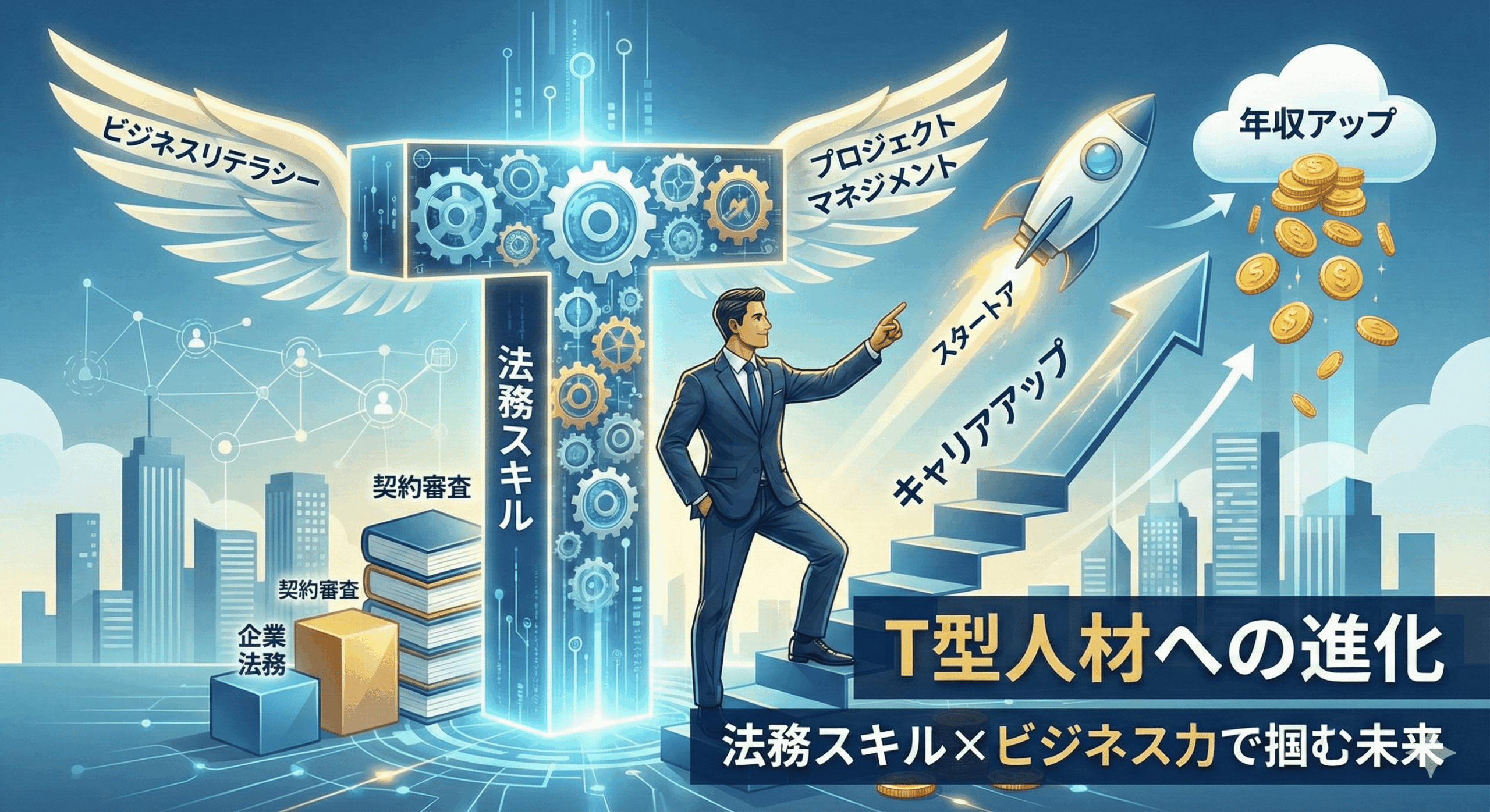 alt="法務パーソンのキャリアアップと「T型人材」への進化を表すイラスト。中央の巨大な「T」字型の柱は、縦軸が「法務スキル」（契約審査、企業法務の専門性）を、翼のような横軸が「ビジネスリテラシー」「プロジェクトマネジメント」の幅広い知識を象徴している。スーツを着た男性（弁護士/法務担当者）が「キャリアアップ」の階段を上り、その先には「スタートアップ」ロケットが上昇し、「年収アップ」の雲から金貨が降り注いでいる。下部には「T型人材への進化」「法務スキル×ビジネス力で掴む未来」というキャッチコピーがあり、専門性とビジネス力を兼ね備えることの重要性を表現している。"