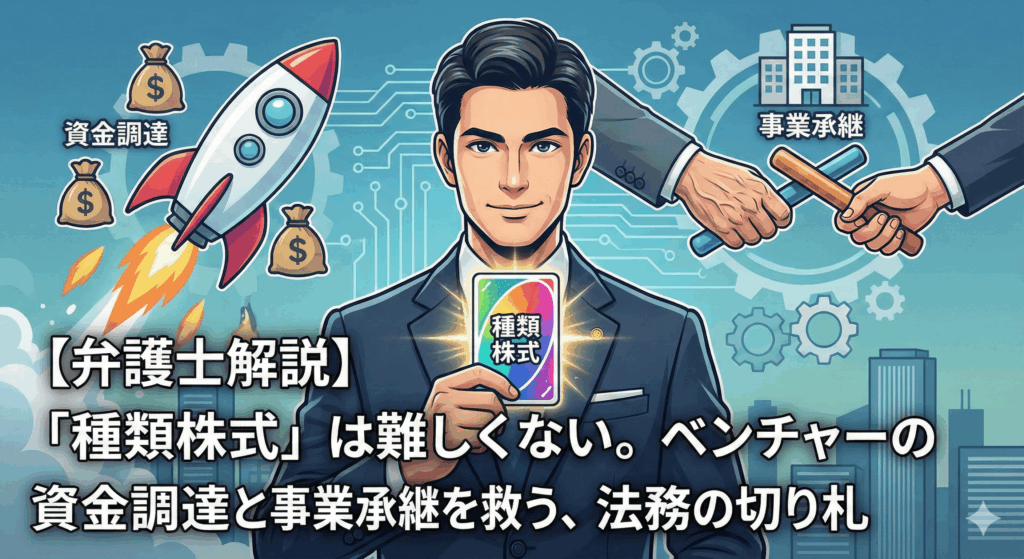 alt="記事「【弁護士解説】「種類株式」は難しくない。ベンチャーの資金調達と事業承継を救う、法務の切り札」のアイキャッチ画像。スーツを着た弁護士が「種類株式」と書かれた光るカードを切り札として掲げ、左側にはロケットとドル袋（資金調達）、右側にはバトンを渡す手とビル（事業承継）が描かれているイラスト。背景には歯車や回路基板があり、ビジネスを加速させる法務戦略を表現している。"