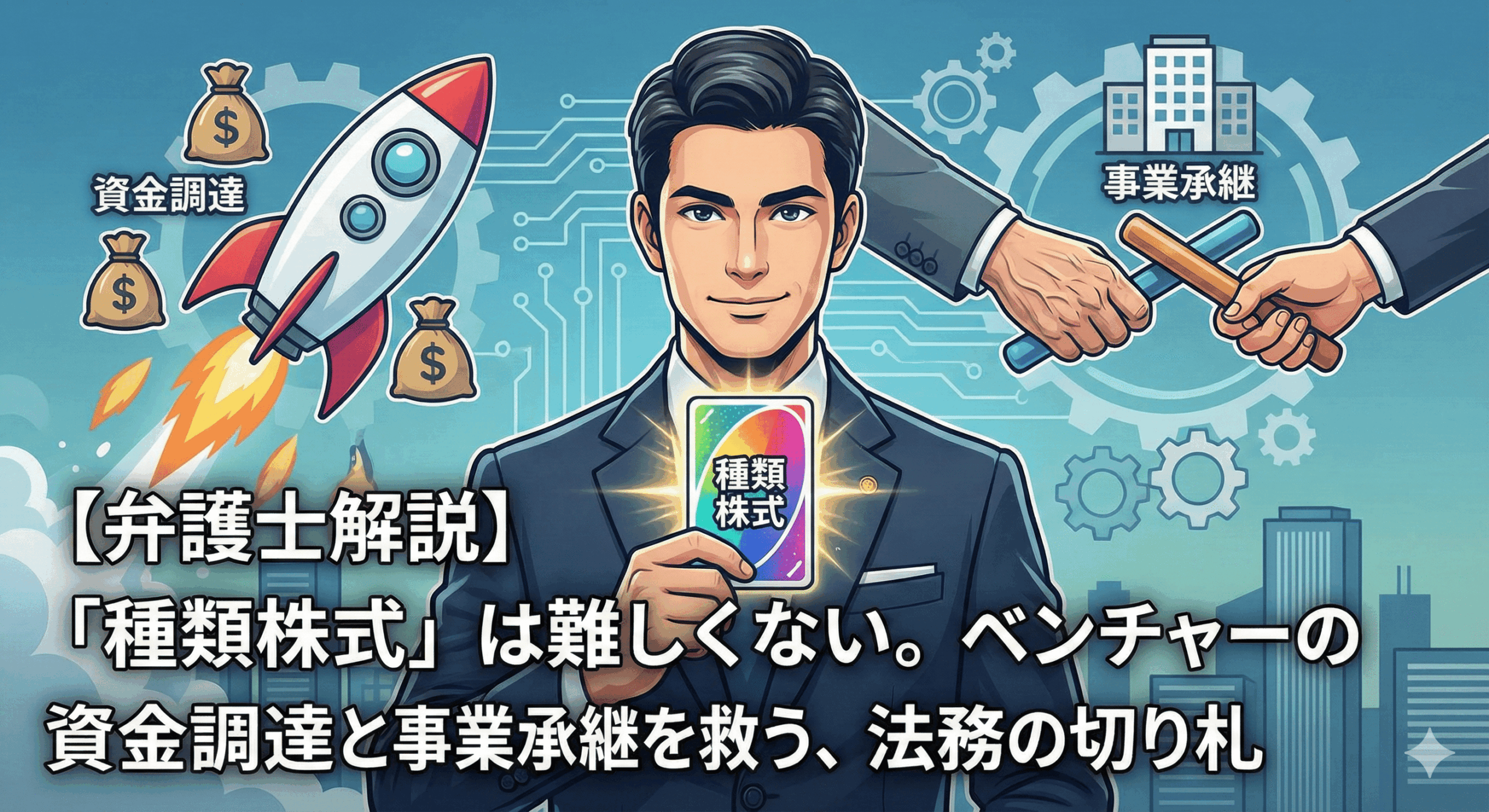 alt="記事「【弁護士解説】「種類株式」は難しくない。ベンチャーの資金調達と事業承継を救う、法務の切り札」のアイキャッチ画像。スーツを着た弁護士が「種類株式」と書かれた光るカードを切り札として掲げ、左側にはロケットとドル袋（資金調達）、右側にはバトンを渡す手とビル（事業承継）が描かれているイラスト。背景には歯車や回路基板があり、ビジネスを加速させる法務戦略を表現している。"