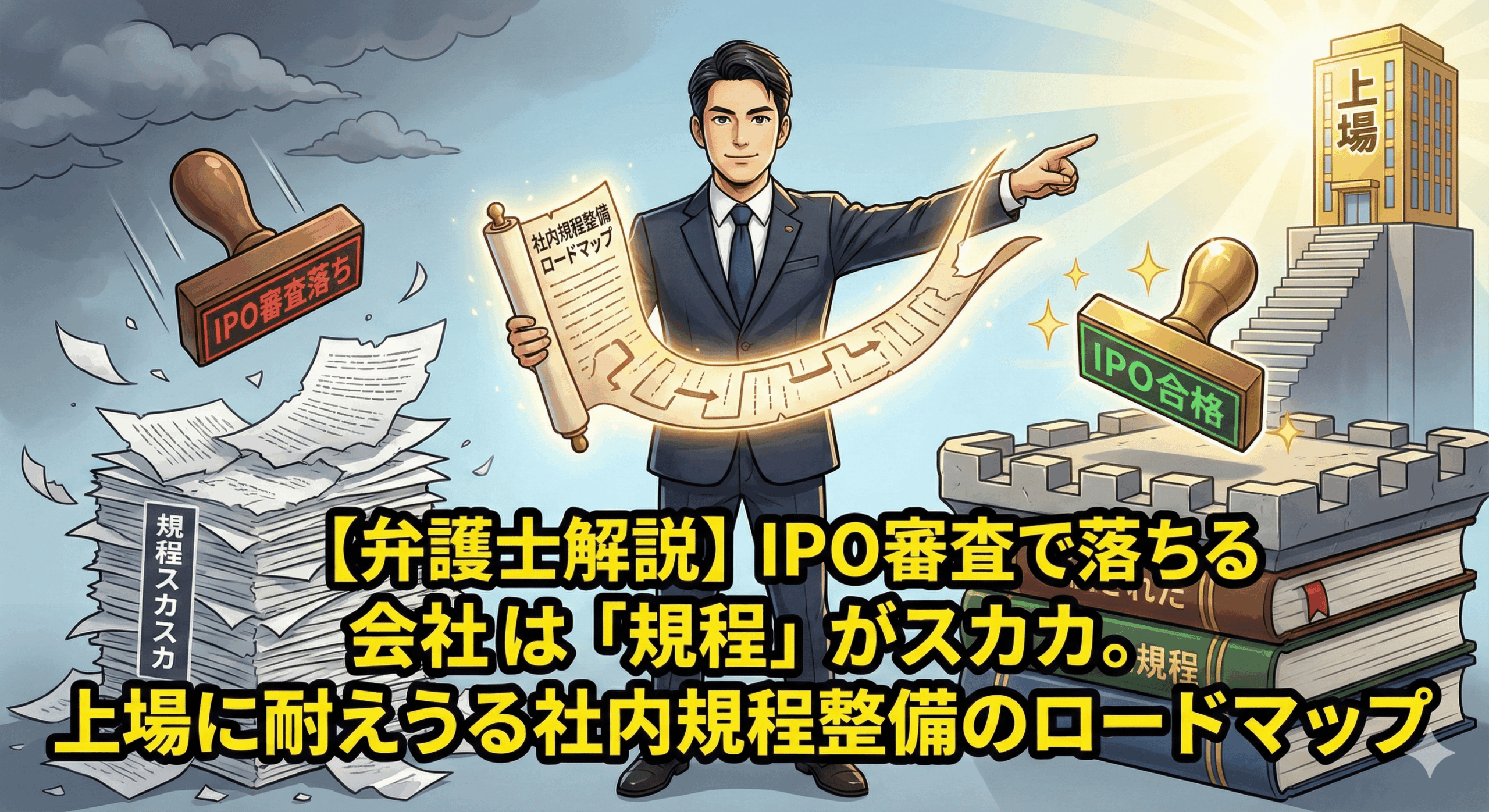 alt="記事「【弁護士解説】IPO審査で落ちる会社は「規程」がスカスカ。上場に耐えうる社内規程整備のロードマップ」のアイキャッチ画像。スーツを着た弁護士が、「社内規程」と書かれた巻物（ロードマップ）を広げ、穴だらけで脆い橋（規程がスカスカな状態）を補強しながら、光り輝く「IPO」のゲートへ導いているイラスト。背景には上昇するグラフと堅牢なビル群が描かれ、上場審査に耐えうる組織作りを表現している。"