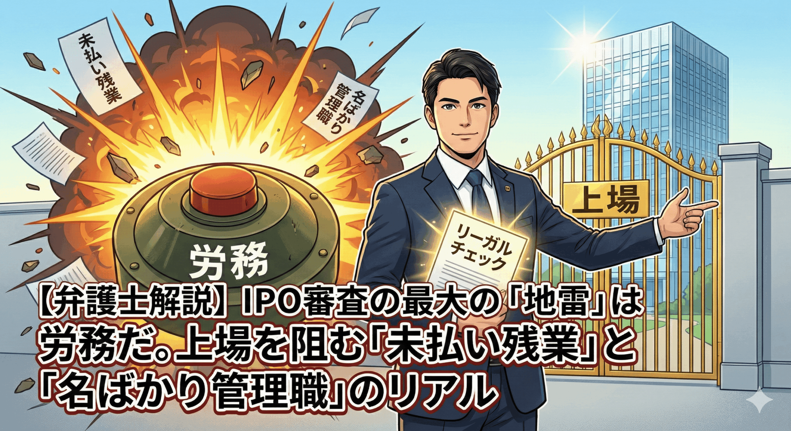 alt="記事「【弁護士解説】IPO審査の最大の「地雷」は労務だ。上場を阻む「未払い残業」と「名ばかり管理職」のリアル」のアイキャッチ画像。スーツを着た弁護士が「リーガルチェック」と書かれた書類を持ち、「上場」と書かれた門を指差しているイラスト。その手前では「労務」という巨大な地雷が爆発し、「未払い残業」「名ばかり管理職」と書かれた紙片が飛び散っており、労務問題が上場を阻む重大なリスクであることを表現している。"