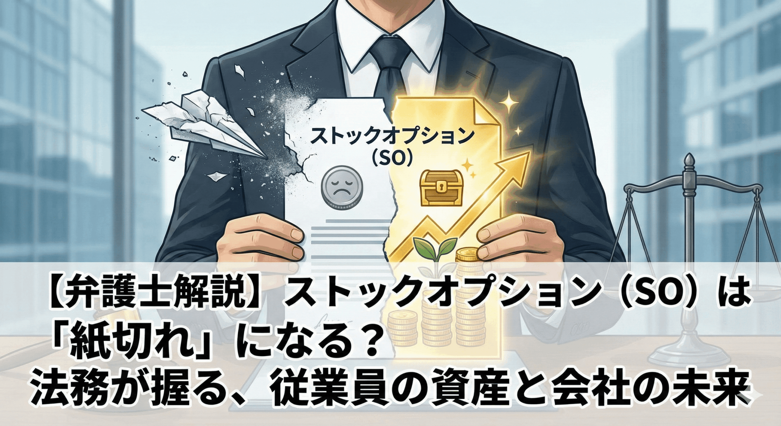 alt="記事「【弁護士解説】ストックオプション（SO）は「紙切れ」になる？法務が握る、従業員の資産と会社の未来」のアイキャッチ画像。スーツを着た弁護士が持つ「ストックオプション（SO）」の書類が、左側は破れて紙飛行機になり価値がない様子（紙切れ）を、右側は金色に輝き宝箱や積み上がるコインで将来の資産価値と会社の成長を表現しているイラスト。背景には天秤が描かれている。"