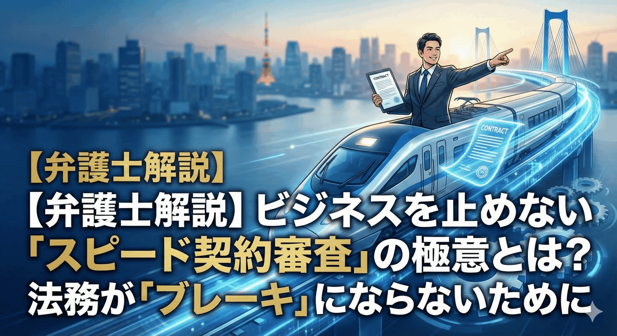 alt="記事「【弁護士解説】ビジネスを止めない「スピード契約審査」の極意とは？法務が「ブレーキ」にならないために」のアイキャッチ画像。スーツを着た弁護士が、高速で走る新幹線の上で契約書を掲げ、未来を指差しているダイナミックなイラスト。背景には東京の街並みとデジタルの光が描かれている。"