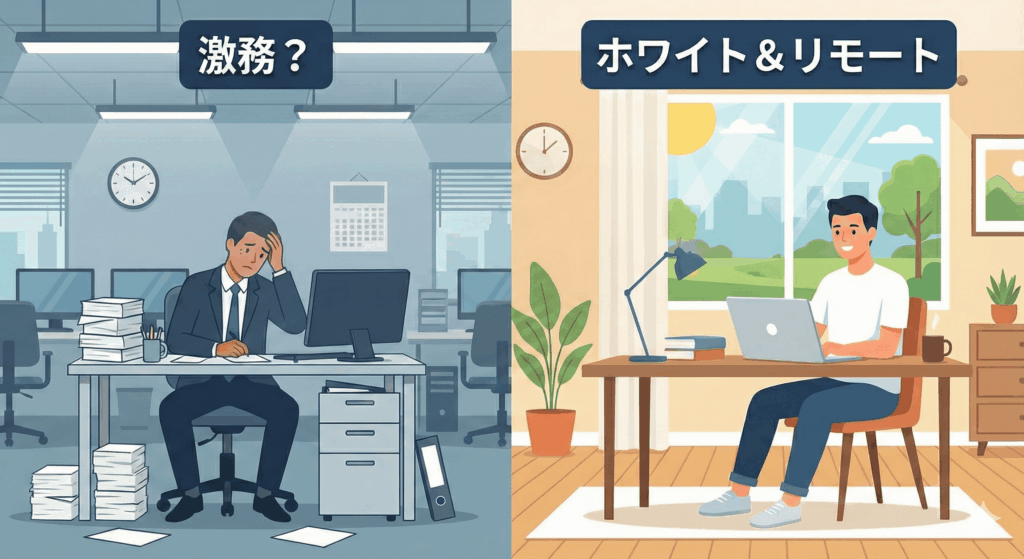 左側に書類の山に囲まれた疲れた男性（激務？）、右側に自宅でリラックスして働く男性（ホワイト＆リモート）の比較イラスト。