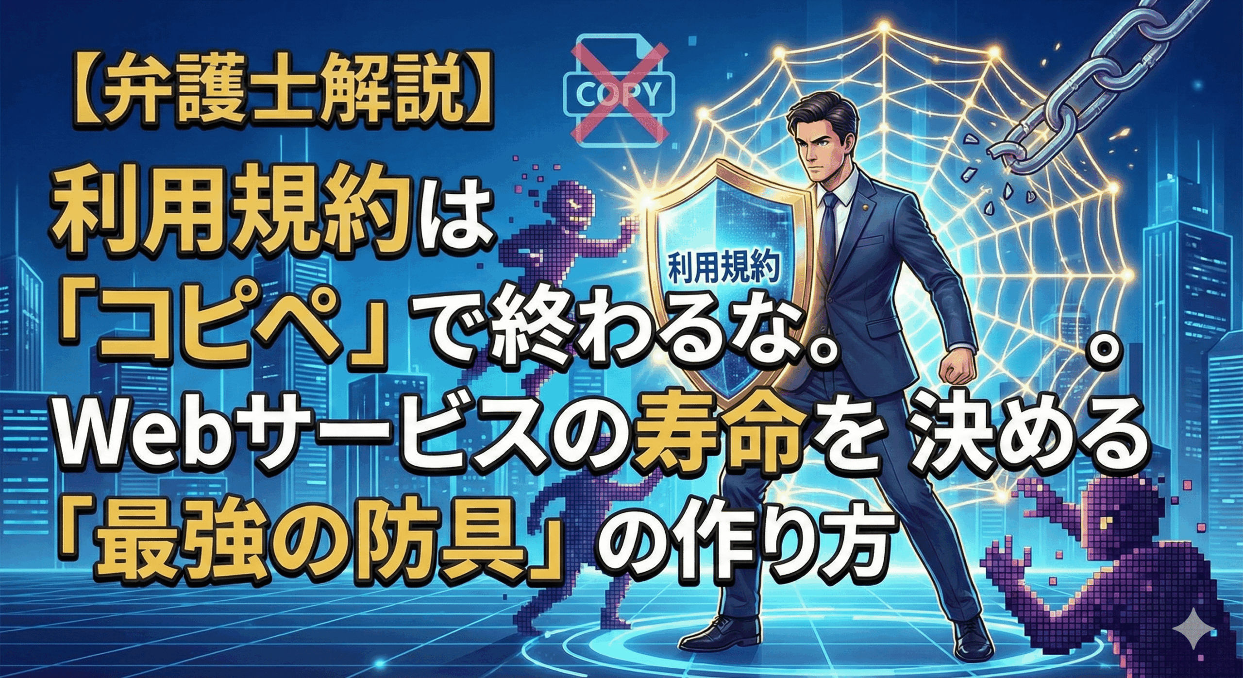 alt="記事「【弁護士解説】利用規約は「コピペ」で終わるな。Webサービスの寿命を決める「最強の防具」の作り方」のアイキャッチ画像。スーツを着た弁護士が、「利用規約」と書かれた盾を構え、デジタルな攻撃からウェブサービス（蜘蛛の巣と都市）を守っているイラスト。「COPY」にバツ印がついたアイコンがあり、コピペへの警鐘と強固な規約の重要性を表現している。"