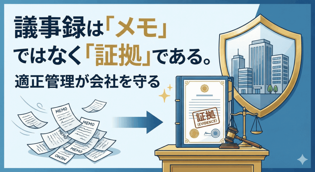 議事録は「メモ」ではなく「証拠」である。適正管理が会社を守る。アイキャッチイラスト。