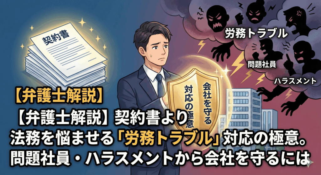 alt="記事「【弁護士解説】契約書より難しい？法務を悩ませる「労務トラブル」対応の極意。問題社員・ハラスメントから会社を守るには」のアイキャッチ画像。スーツを着た弁護士が、「労務対応」と書かれた盾を構え、会社（ビル）を「ハラスメント」「問題社員」と書かれた黒い嵐や雷から守っているイラスト。契約書だけでは防げない複雑なトラブルを解決し、会社を守る法務の力強い姿を表現している。"
