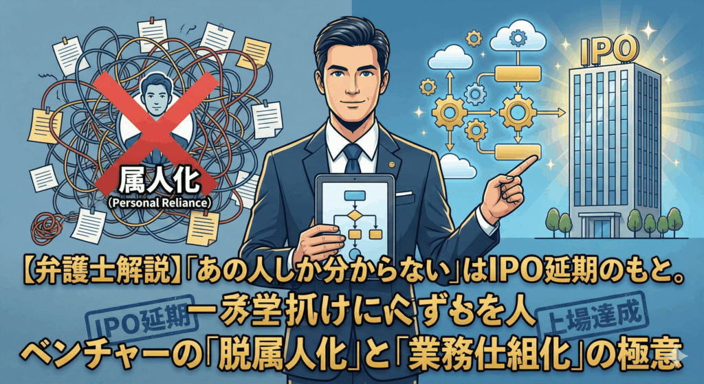 alt="記事「【弁護士解説】「あの人しか分からない」はIPO延期のもと。ベンチャーの「脱属人化」と「業務仕組化」の極意」のアイキャッチ画像。左側には「属人化」と書かれた複雑に絡み合った線と人物アイコンにバツ印が付き、「IPO延期」のスタンプが押されている。中央の弁護士はタブレットで整理されたフローチャートを示し、右側の「IPO」と書かれたビル、「業務仕組化」されたプロセス、そして「上場達成」のスタンプを指し示している。属人化から脱却し、業務を仕組み化することの重要性を対比的に表現したイラスト。"