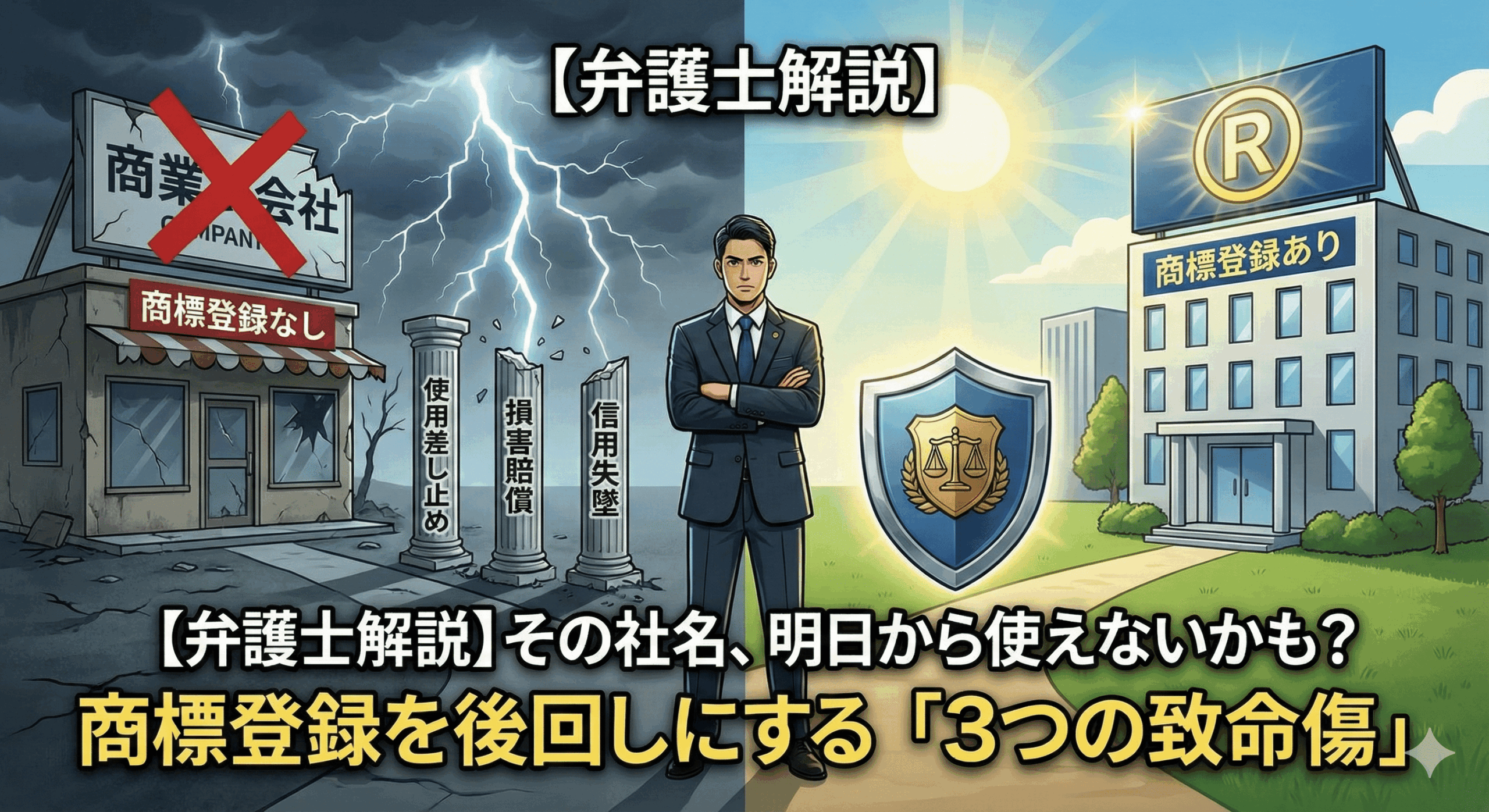 alt="記事「【弁護士解説】その社名、明日から使えないかも？商標登録を後回しにする「3つの致命傷」」のアイキャッチ画像。中央に腕を組んだ弁護士が立ち、左側には商標登録がないために嵐の中で廃れた店と「使用差し止め」「損害賠償」「信用失墜」という3つの崩れた柱が、右側には商標登録があり晴天の下で盾に守られた立派なビルが対比的に描かれているイラスト。"