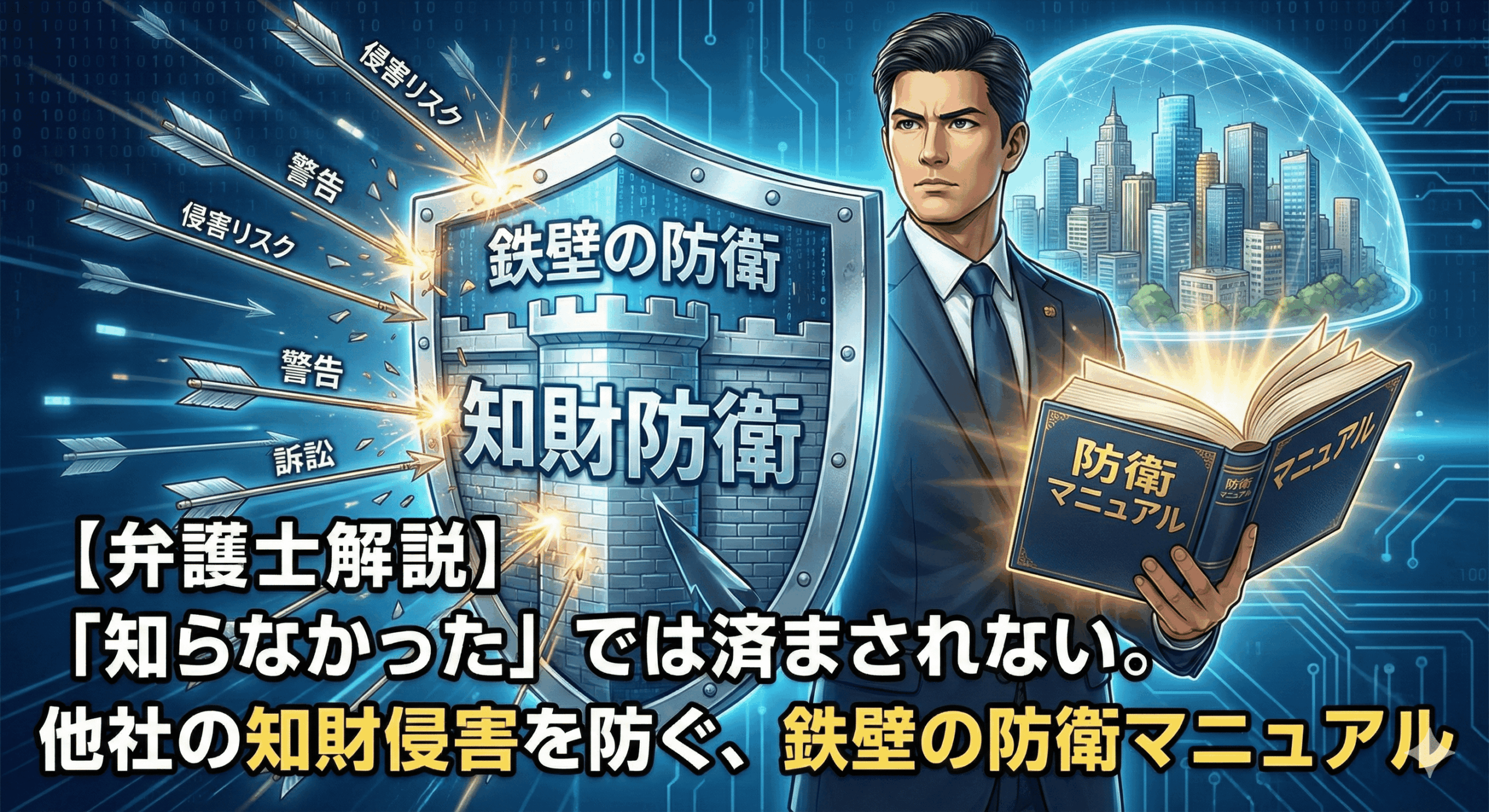 alt="記事「【弁護士解説】「知らなかった」では済まされない。他社の知財侵害を防ぐ、鉄壁の防衛マニュアル」のアイキャッチ画像。スーツを着た弁護士が、「鉄壁の防衛」「知財防衛」と書かれた巨大な盾で、「侵害リスク」「警告」「訴訟」と書かれた多数の矢を防いでいるイラスト。弁護士は光り輝く「防衛マニュアル」という本を開いており、背景にはデジタルな回路と保護された都市が描かれ、強固な知財保護の重要性を表現している。"