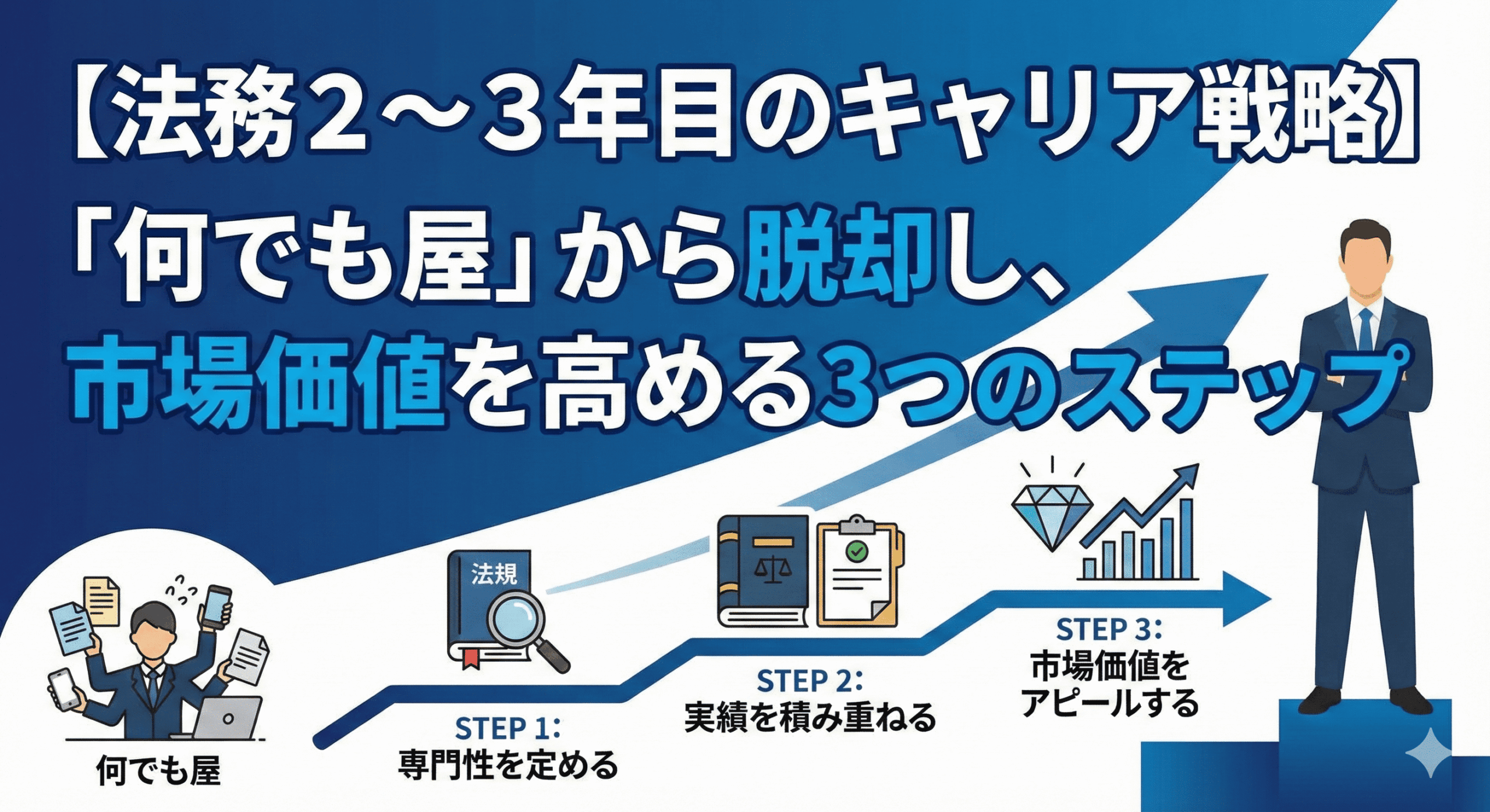 生成された画像の代替テキストは以下の通りです。 ``` 法務3〜5年目のプロフェッショナルが、「何でも屋」から脱却し、市場価値を高めるための3段階のキャリア戦略を示すインフォグラフィック。「BEFORE」の業務に追われる多忙な現状から、「強みの棚卸しとフォーカス」「専門性の深化と発信」「ビジネスへの貢献と評価」という3つのステップを経て、「AFTER」の高い専門性と評価を持つ人材へと成長する過程が、階段を上るイラストで視覚的に表現されている。 `