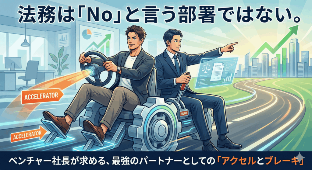 ベンチャー社長とスーツ姿の法務担当者が、アクセルとブレーキを備えた未来的な乗り物を共同で操縦し、右肩上がりの成長を示すグラフとビル群が並ぶ未来都市へ向かって進んでいるイラスト。二人が最強のパートナーとして協力している様子が描かれている。画像上部には大きな文字で「法務は「No」と言う部署ではない。」、下部には「ベンチャー社長が求める、最強のパートナーとしての「アクセルとブレーキ」」という記事タイトルが配置されている。