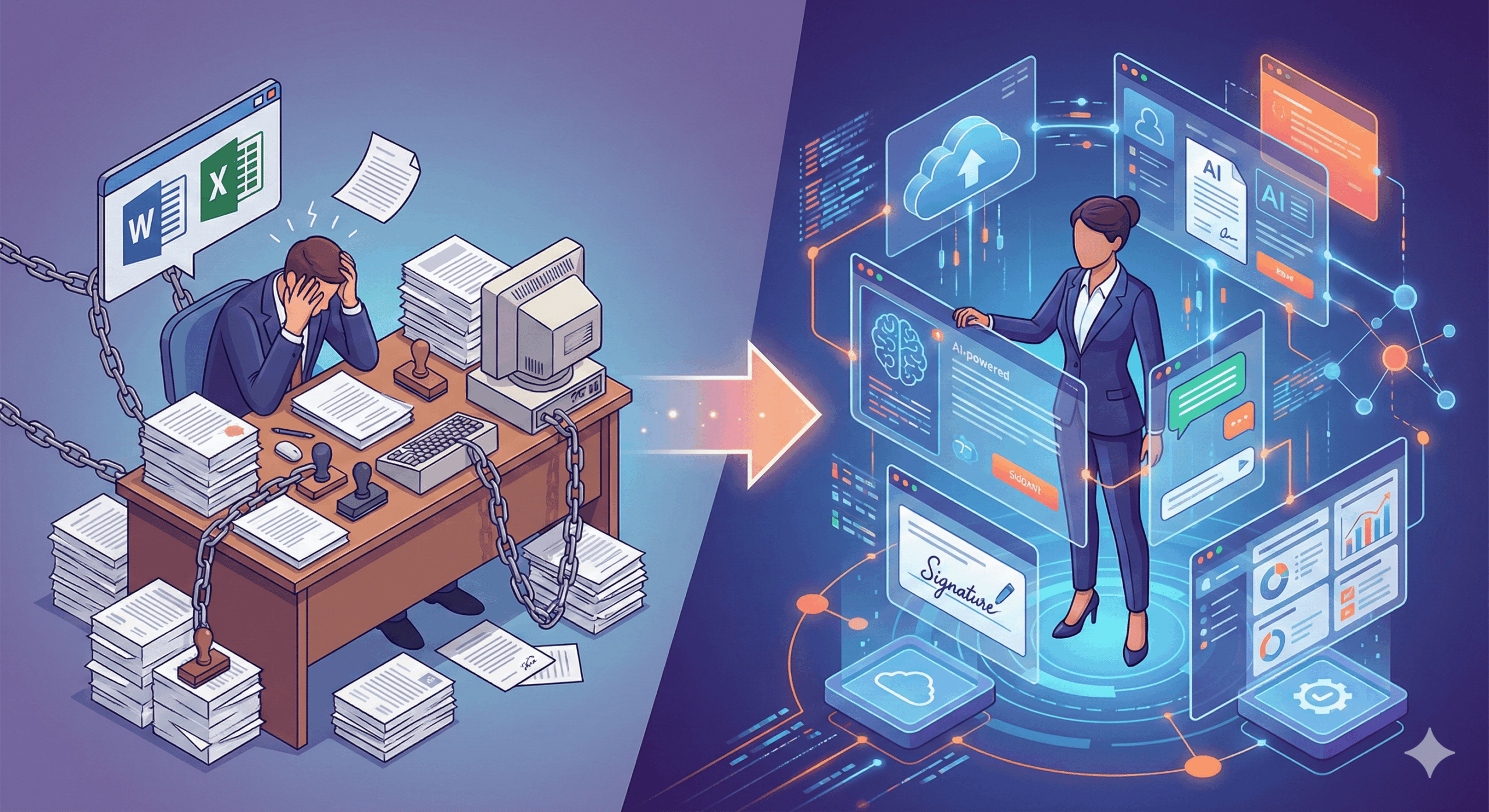 ベンチャー法務における旧来の業務スタイルとITスキルを駆使した次世代法務の対比イラスト