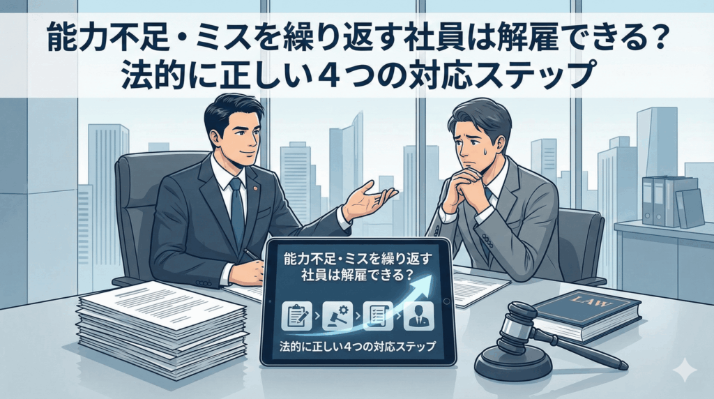 ウェブサイト記事「能力不足・ミスを繰り返す社員は解雇できる？法的に正しい4つの対応ステップ」のアイキャッチ画像。弁護士が経営者に、タブレット端末で法的な対応手順を説明しているイラスト。
