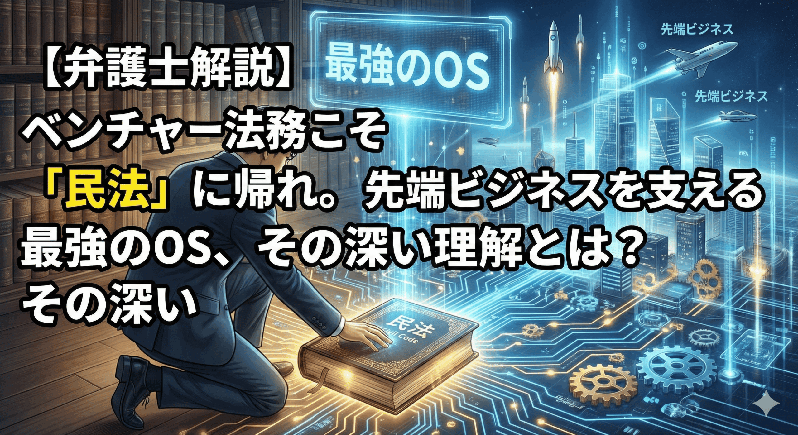 alt="記事「【弁護士解説】ベンチャー法務こそ「民法」に帰れ。先端ビジネスを支える最強のOS、その深い理解とは？」のアイキャッチ画像。古典的な書斎で、スーツを着た弁護士が重厚な「民法 (Civil Code)」の書物に手を置いている。そこから青い光のネットワークと歯車が広がり、背景にあるロケットや宇宙船が飛ぶ未来的な「先端ビジネス」の都市を支える基盤（最強のOS）となっている様子を象徴的に描いたイラスト。"