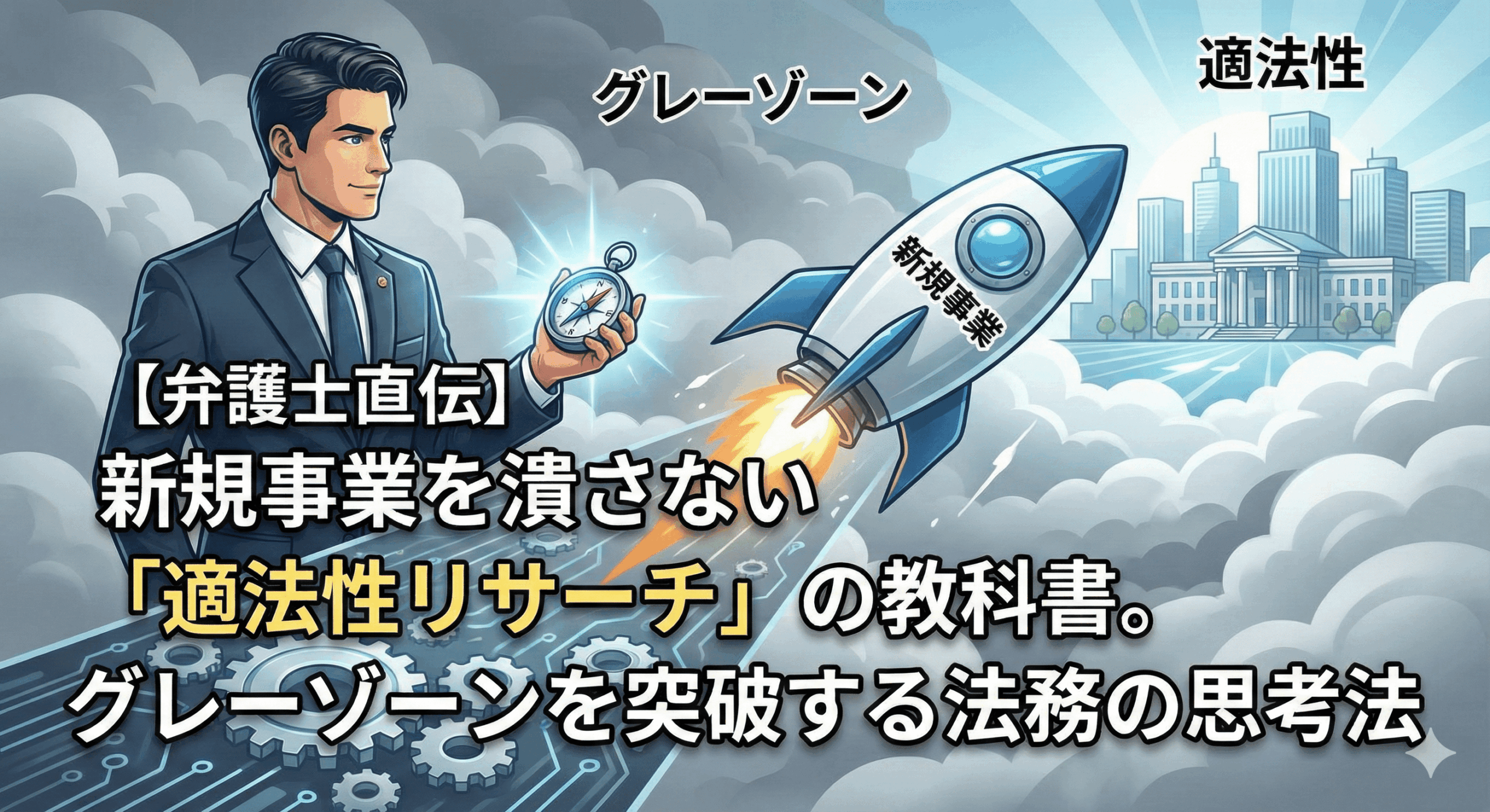 alt="記事「【弁護士直伝】新規事業を潰さない「適法性リサーチ」の教科書。グレーゾーンを突破する法務の思考法」のアイキャッチ画像。スーツを着た弁護士がコンパスを持ち、「グレーゾーン」という暗い雲を突き抜けて「適法性」の街へ向かう「新規事業」ロケットを指し示しているイラスト。背景には歯車やデジタル回路が描かれ、法務の思考法と進むべき道を表している。"
