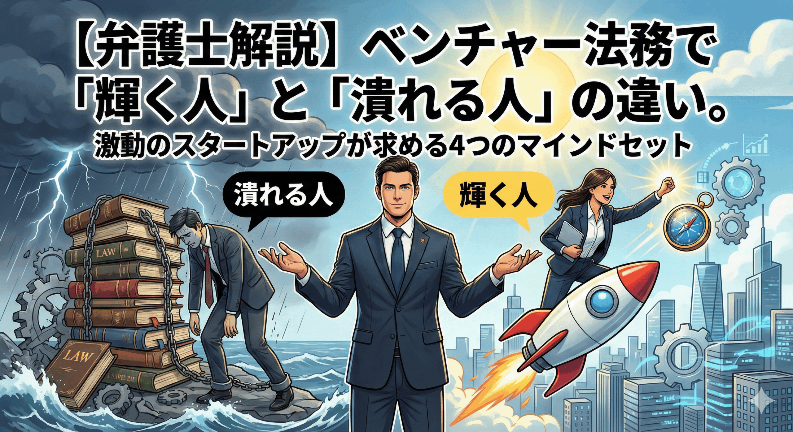alt="記事「【弁護士解説】ベンチャー法務で「輝く人」と「潰れる人」の違い。激動のスタートアップが求める4つのマインドセット」のアイキャッチ画像。中央の弁護士が、左右で対照的な二人の法務パーソンを比較しているイラスト。左側の「潰れる人」は嵐の中で重い法律書の山に鎖で縛られ疲弊している一方、右側の「輝く人」は晴天の下、ロケットに乗って羅針盤を掲げ、成長する都市へ向けて上昇している。激動のスタートアップ環境における法務の成功と停滞を視覚的に対比させている。"
