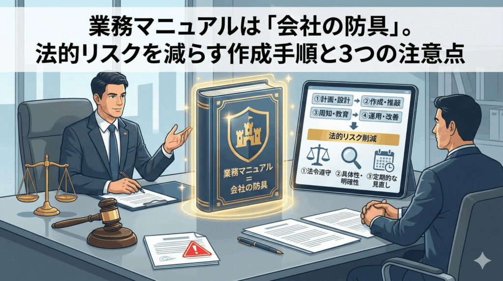 ウェブサイト記事「業務マニュアルは『会社の防具』。法的リスクを減らす作成手順と3つの注意点」のアイキャッチ画像。弁護士が、マニュアルを盾に見立て、作成プロセス（計画・作成・周知・運用）と法的リスク低減のための3つのポイント（法令遵守・具体性・定期的見直し）を解説している様子を描いたインフォグラフィック。