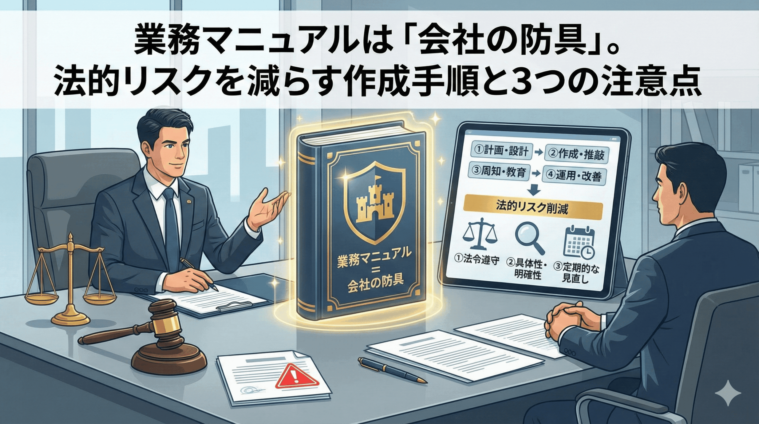 ウェブサイト記事「業務マニュアルは『会社の防具』。法的リスクを減らす作成手順と3つの注意点」のアイキャッチ画像。弁護士が、マニュアルを盾に見立て、作成プロセス（計画・作成・周知・運用）と法的リスク低減のための3つのポイント（法令遵守・具体性・定期的見直し）を解説している様子を描いたインフォグラフィック。