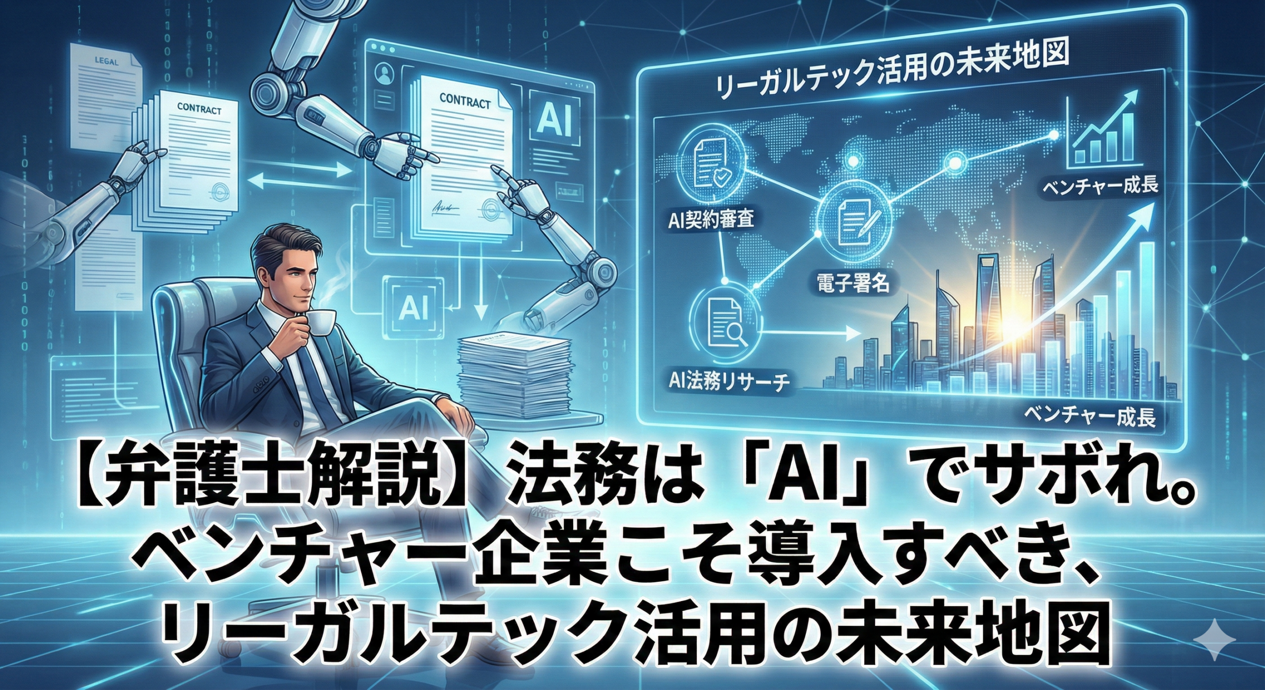 alt="記事「【弁護士解説】法務は「AI」でサボれ。ベンチャー企業こそ導入すべき、リーガルテック活用の未来地図」のアイキャッチ画像。リラックスした様子の弁護士が、コーヒーを片手に「未来地図」と書かれたホログラムを操作しているイラスト。その背後では、AI（人工知能）の光る手が山積みの契約書や書類を高速で処理しており、リーガルテックによる業務効率化と法務の未来を表現している。"