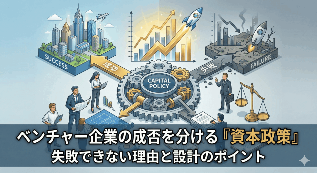 ベンチャー企業の成否を分ける「資本政策」とは？失敗できない理由と設計のポイントのアイキャッチ画像。資本政策を象徴する歯車を中心に、成功（上昇するグラフと発展した都市）と失敗（下降するグラフと荒廃した風景）の分岐点が描かれたイラスト。弁護士やビジネスパーソンが資本政策について議論し、天秤や契約書などの法的なモチーフも配置されている。