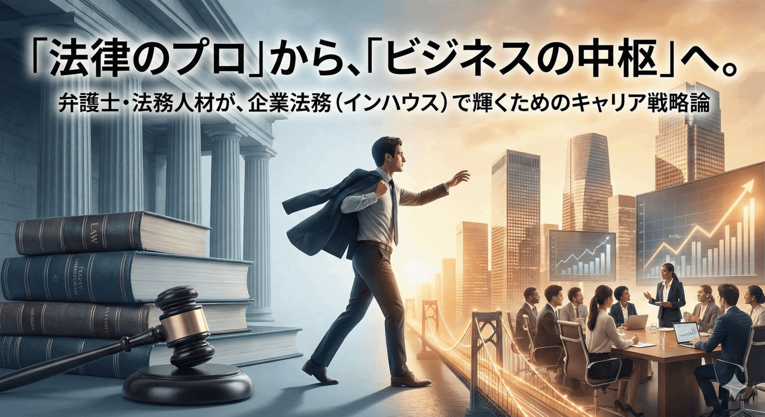 代替テキストの例です。 ``` 法律書や木槌がある古典的な建物から、スーツを着た男性が、高層ビルが立ち並ぶビジネス会議の場へと歩みを進めている様子を描いたアイキャッチ画像。画像上部には、大きな文字で「『法律のプロ』から、『ビジネスの中枢』へ。」、その下に「弁護士・法務人材が、企業法務（インハウス）で輝くためのキャリア戦略論」というタイトルテキストが配置されている。 ```