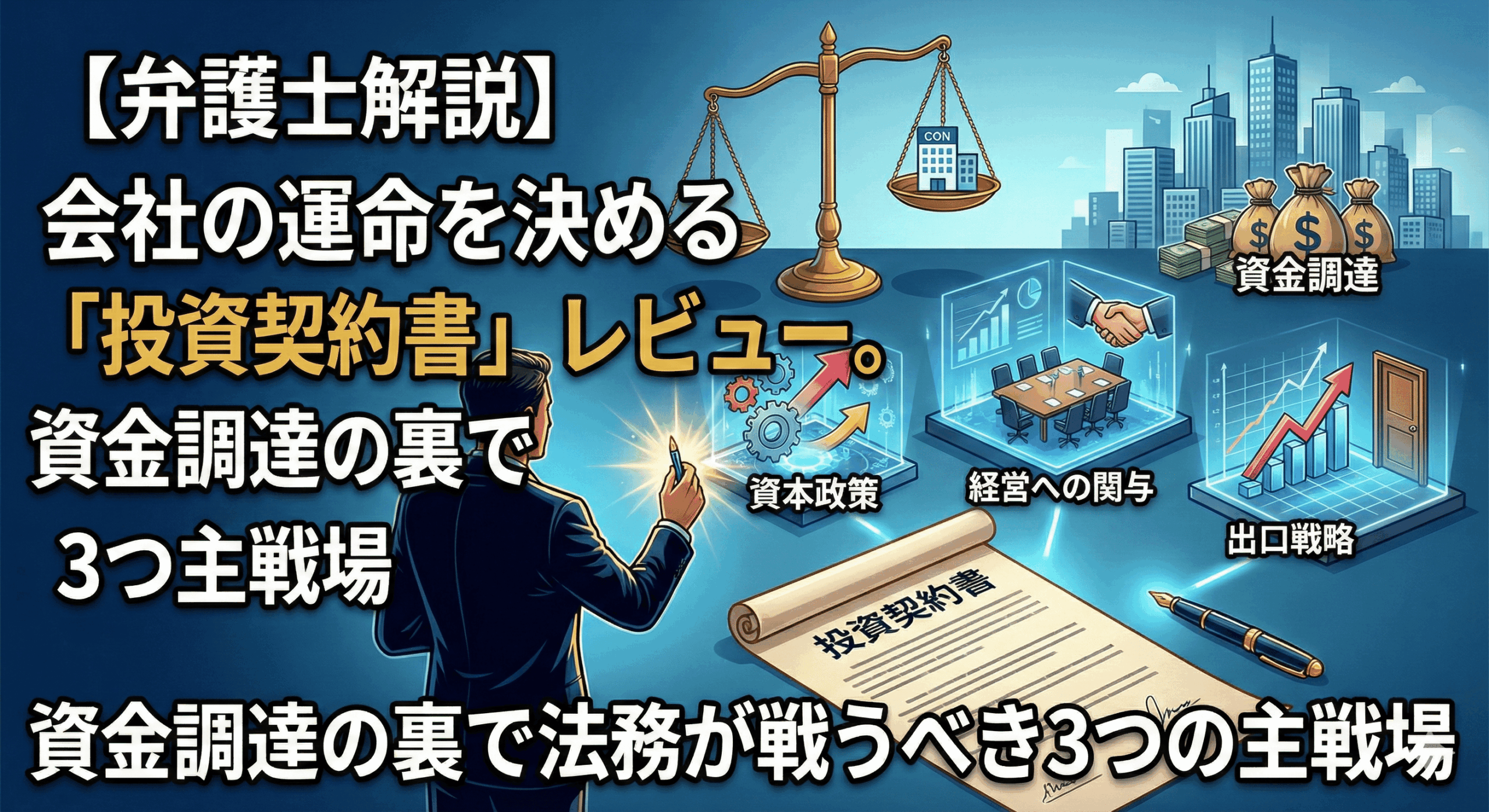 alt="記事「【弁護士解説】会社の運命を決める「投資契約書」レビュー。資金調達の裏で法務が戦うべき3つの主戦場」のアイキャッチ画像。スーツを着た弁護士が、「投資契約書」の巻物を前に、「資本政策」「経営への関与」「出口戦略」と記された3つのホログラムを指し示しているイラスト。背景には天秤とお金の袋（資金調達）が描かれ、法務が会社の運命を左右する重要な局面にいることを表現している。"