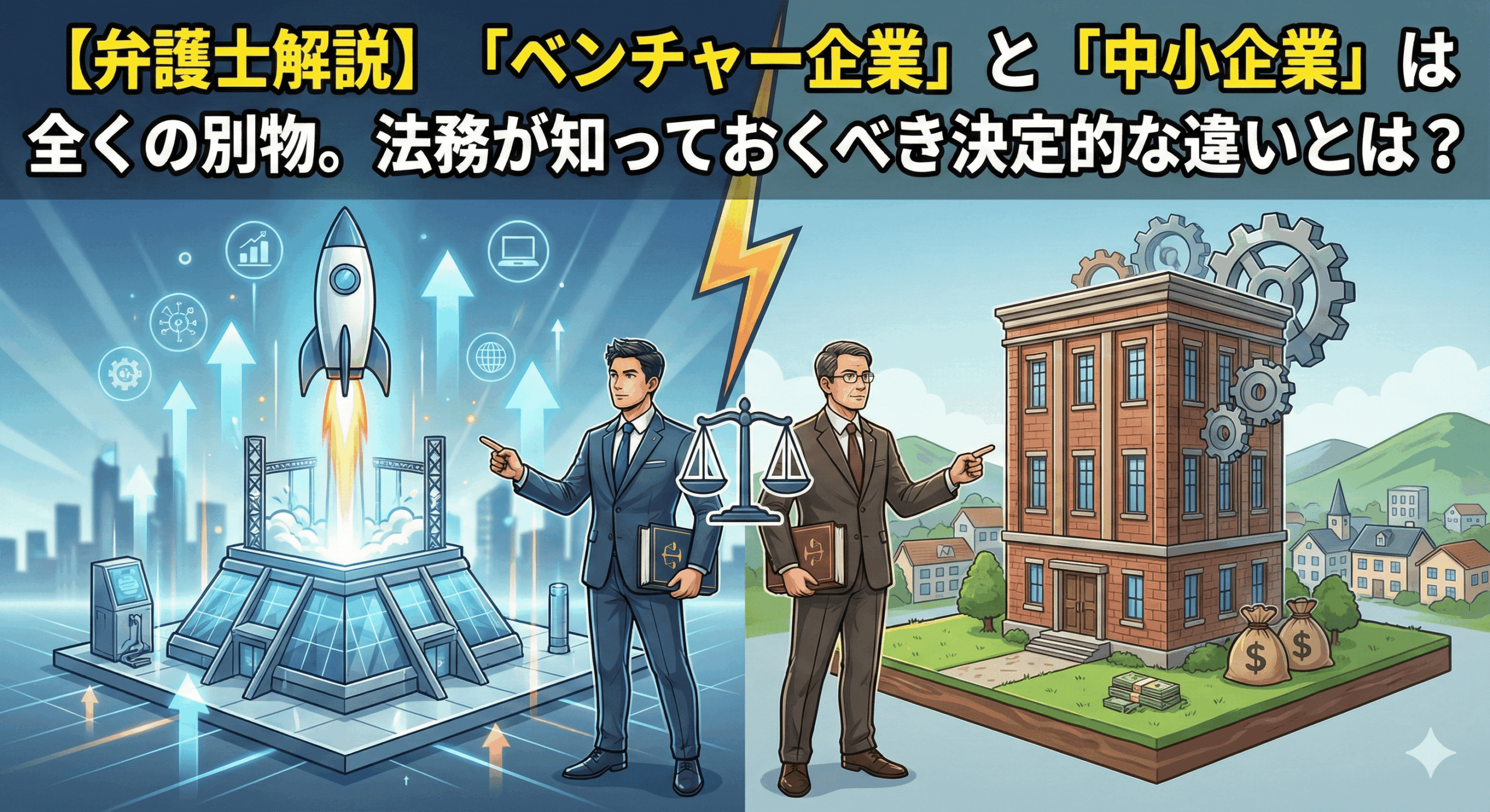 alt="記事「【弁護士解説】「ベンチャー企業」と「中小企業」は全くの別物。法務が知っておくべき決定的な違いとは？」のアイキャッチ画像。中央の稲妻と天秤を挟んで、左側には急成長を象徴するロケット発射台と「ベンチャー企業」の文字、右側には安定と堅実さを象徴するレンガ造りの建物と歯車、「中小企業」の文字が対比的に描かれている。それぞれの側に立つ弁護士が、両者の違いを指し示しているイラスト。"