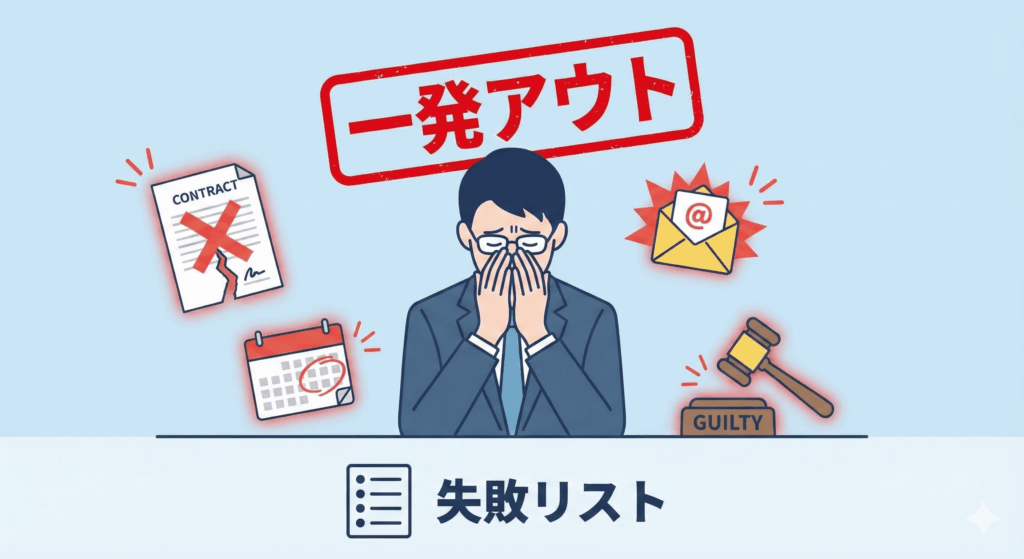 「一発アウト」の失敗リストのアイキャッチ画像。頭を抱えて絶望するスーツ姿の男性を中心に、破れた契約書、期限切れのカレンダー、爆発するメール、有罪判決の小槌と「GUILTY」の文字が、失敗の象徴として描かれている。上部には赤いスタンプで「一発アウト」、下部には「失敗リスト」のテキストとリストアイコンが配置され、法務担当者の致命的なミスを警告する内容となっている。
